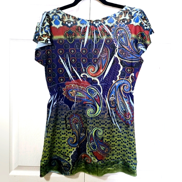 ONE WORLD Women's Size Medium Colorful V-neck X-long Short Sleeve Tunic - Picture 2 of 2